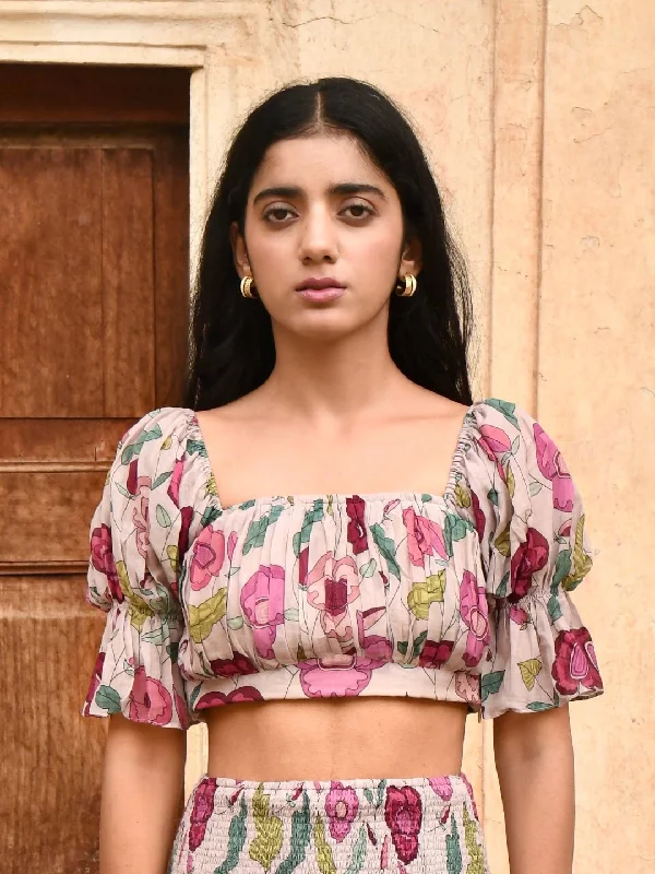 Soothing Harbour Grey Silky Crop Top Print Jacquard Patchwork