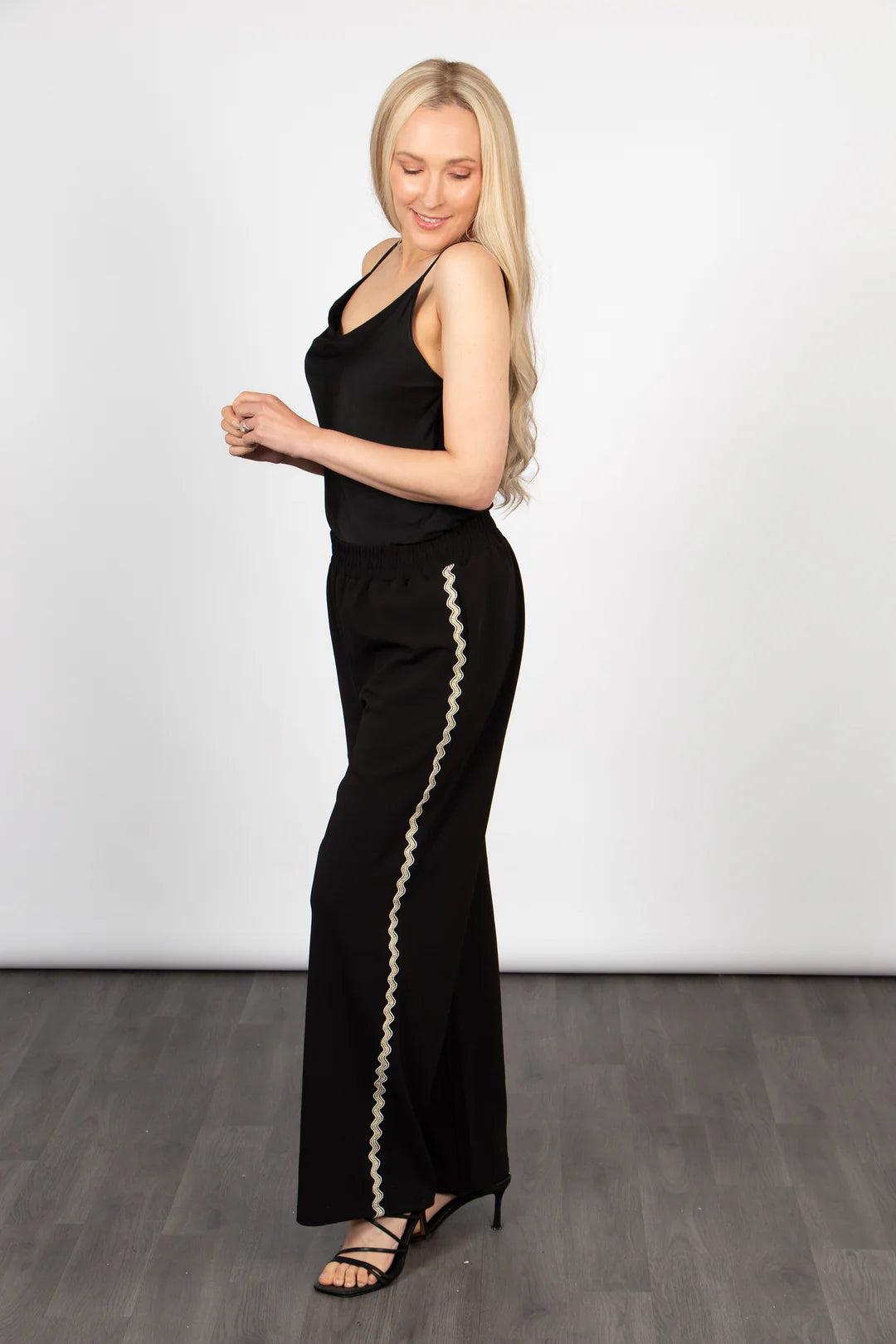 Margot Wide Leg Trouser - Black/Gold, Wavy Stripe Trousers Mesh Breathable