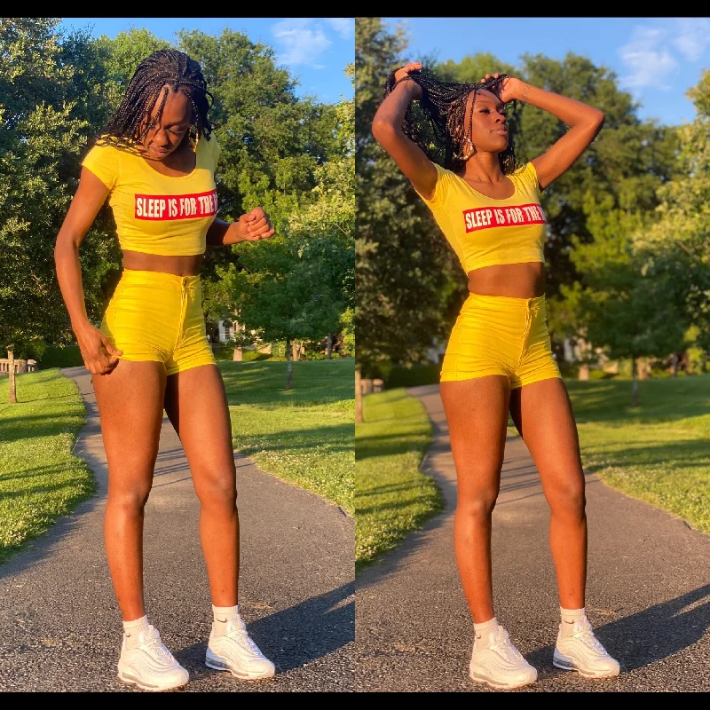 (Summertime Yellow) ‘Classic Logo’ Crop Tops Beaded Sequined Faux Fur