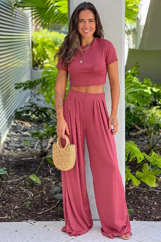 Dark Rose Crop Top And Pants Set Seamless Knitted Crochet