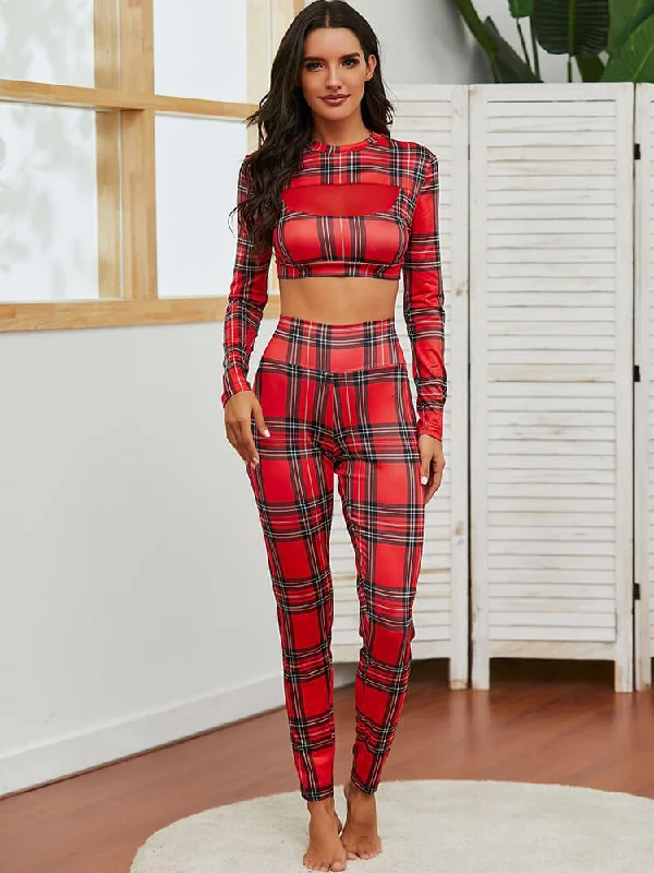 Two Piece Long Sleeve Plaid Crop Top & High Waist Pants Anti-Shrink Durable Soft