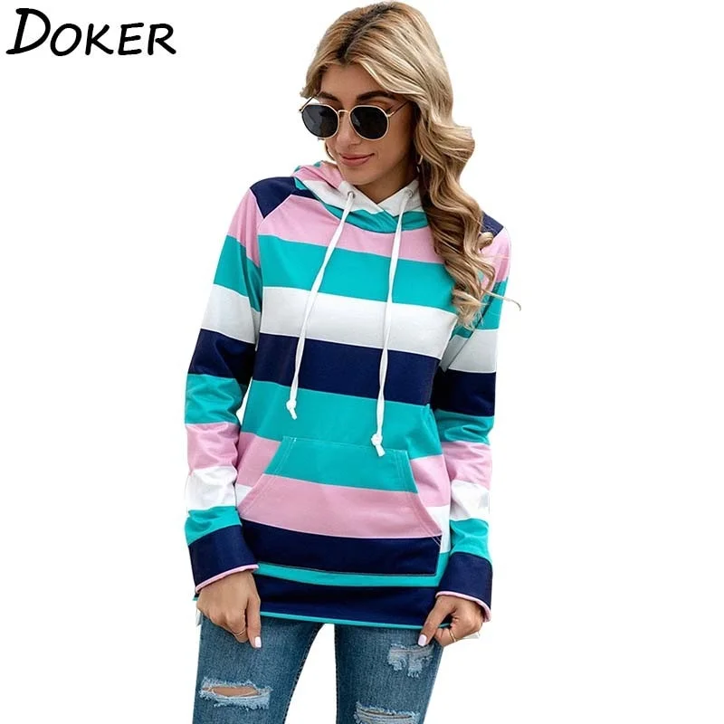 Casual Loose Ladies Pullovers  with Pocket and Hooded Top One Shoulder Top