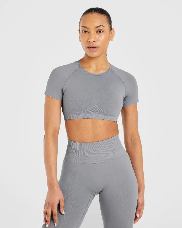 Power Seamless Crop Top - Grey Welt Pockets Slit Pockets Flap Pockets