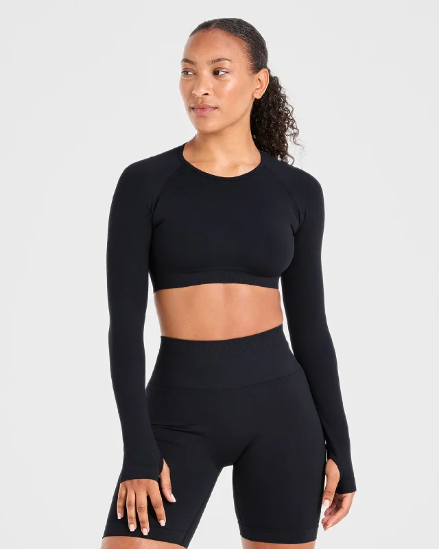 Power Seamless Long Sleeve Crop Top - Black Ribbed Crop Top High Neck Heavyweight