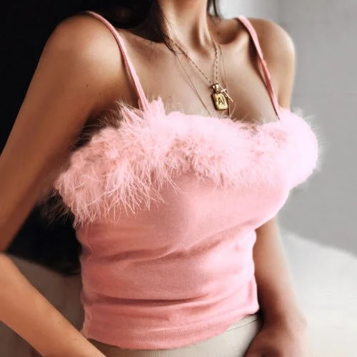 Sexy Pink Off Shoulder Crop Tops Wool Fabric Cashmere Fabric Tweed Fabric