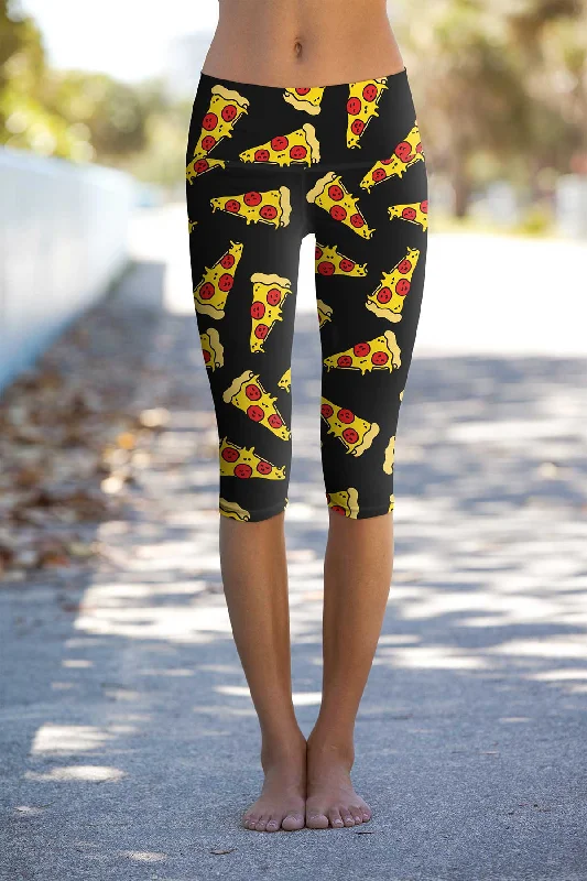 Pepperoni Ellie Black Pizza Print Performance Capri Leggings - Women Fashionable Quick-Dry Yoga Pants Pepperoni Ellie Black Pizza Print Performance Capri Leggings - Women Fashionable Quick-Dry Yoga Pants
