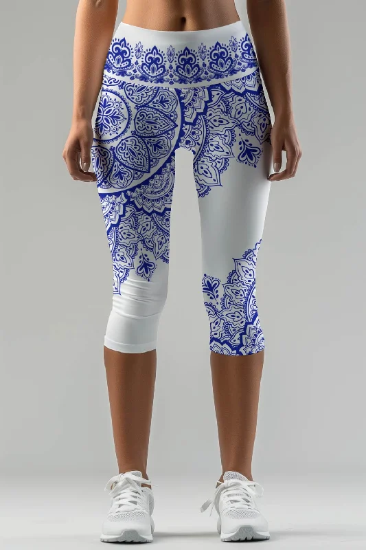 Nirvana Ellie White Blue Boho Performance Yoga Capri Leggings - Women Trendy Sporty Compression Leggings Nirvana Ellie White Blue Boho Performance Yoga Capri Leggings - Women Trendy Sporty Compression Leggings