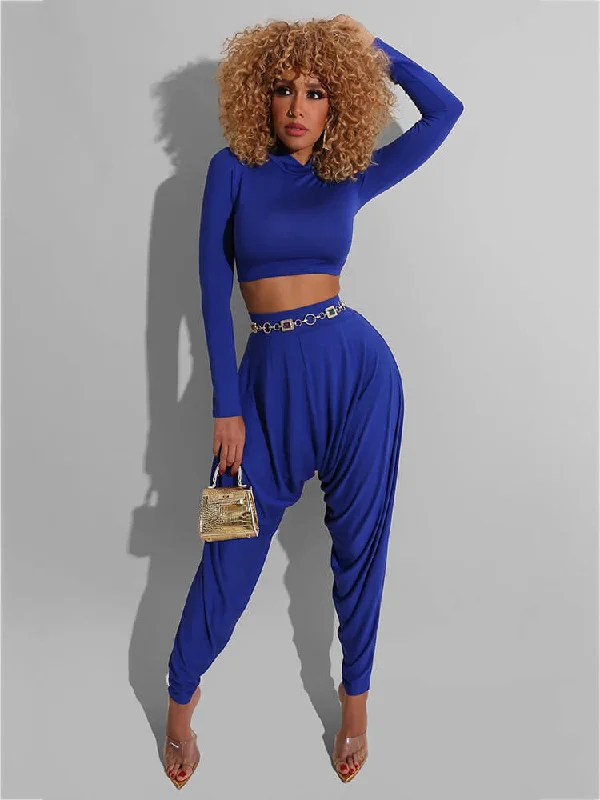 2 Pieces Long Sleeve Bodycon Crop Top+Harem Pants Sets Chenille Brocade Lace