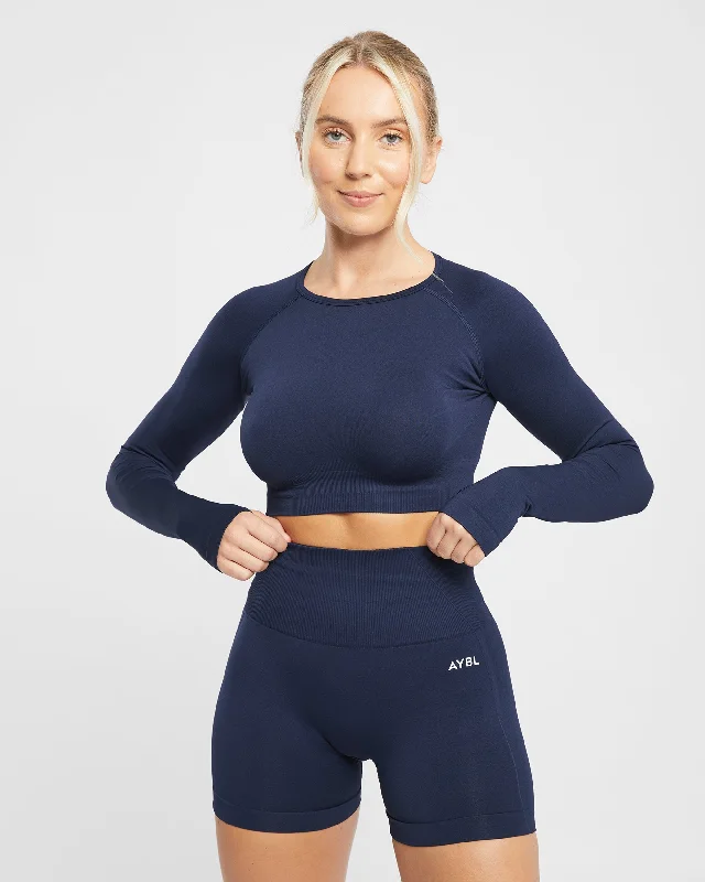 Empower Seamless Long Sleeve Crop Top - Navy Mesh Fabric Canvas Fabric Denim Fabric