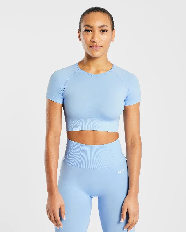 Empower Seamless Crop Top - Sky Blue Welt Pockets Slit Pockets Flap Pockets