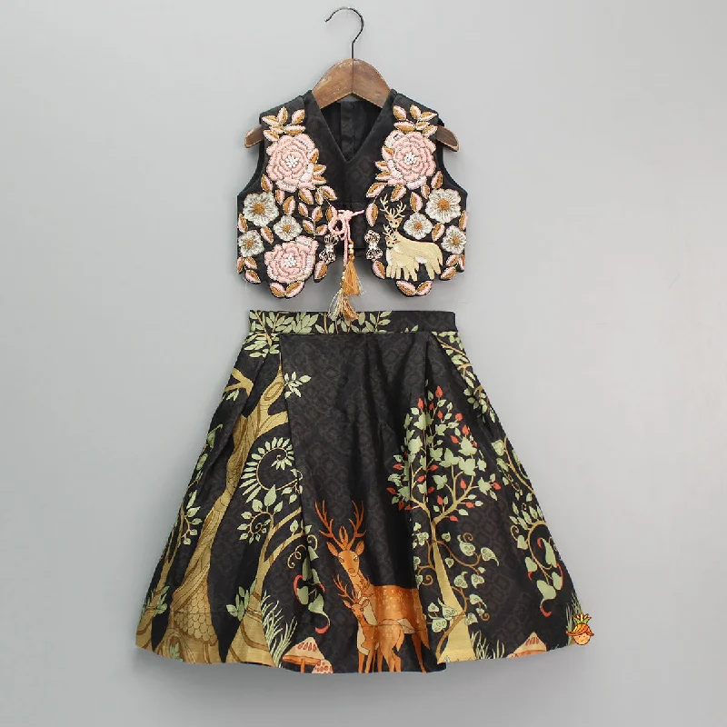 Pre Order: Printed Crop Top With Embroidered Jacket And Lehenga Elegant Classic Vintage Pre Order: Printed Crop Top With Embroidered Jacket And Lehenga Elegant Classic Vintage