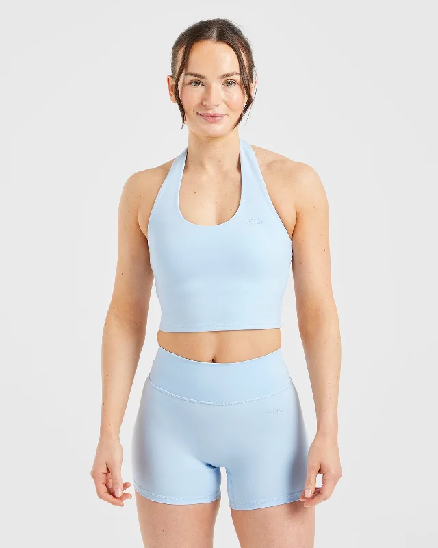 Staple Halterneck Crop Top - Pastel Blau Solid Color Striped Floral