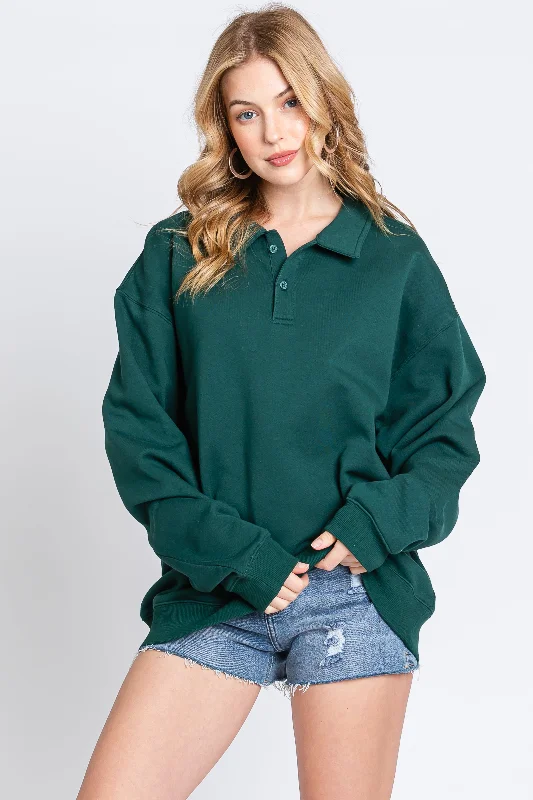 Hunter Green Collared Pullover Sweatshirt Three Quarter Sleeve