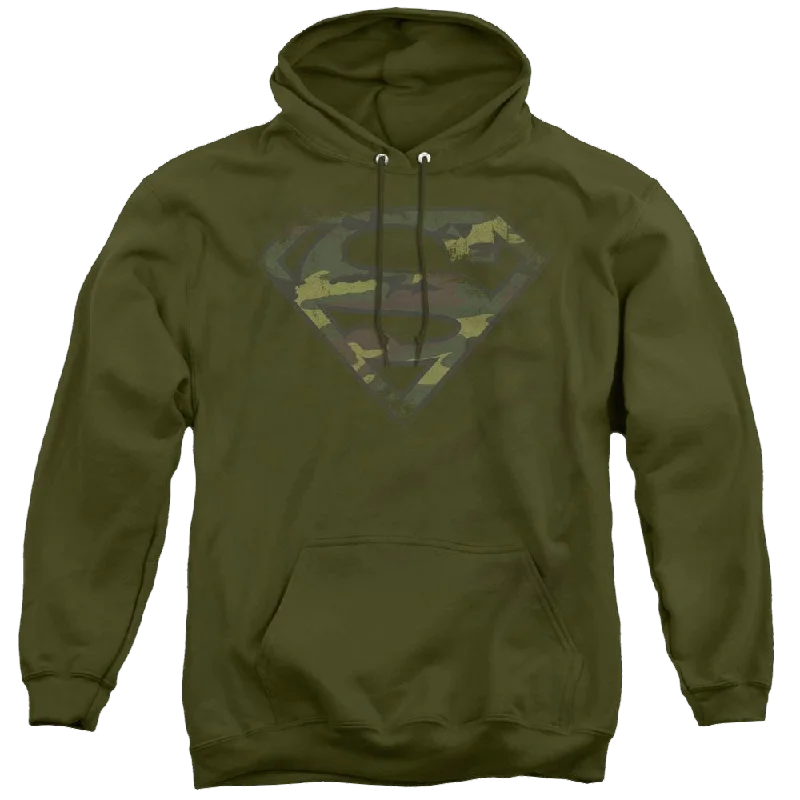 Superman Distressed Camo Shield - Pullover Hoodie Ruffled Neck Pullover