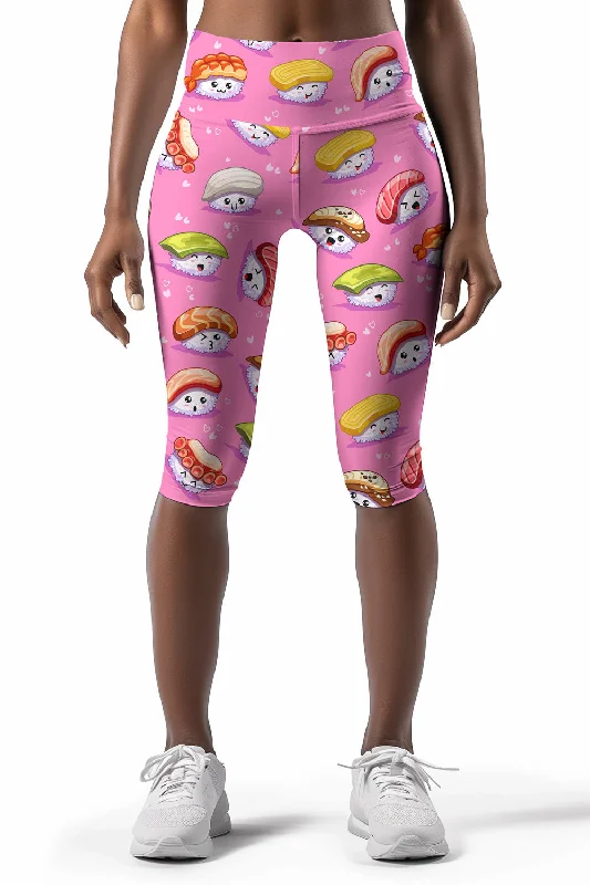 Soymates Ellie Pink Sushi Print Performance Capri Leggings - Women Trendy Leather-Look Workout Leggings Soymates Ellie Pink Sushi Print Performance Capri Leggings - Women Trendy Leather-Look Workout Leggings