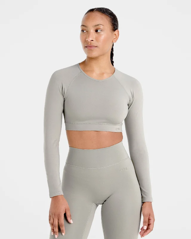 Staple Long Sleeve Crop Top - Washed Olive Spandex Blend Rayon Blend Denim Blend