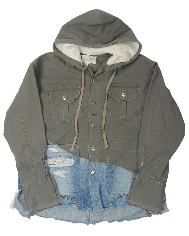 Reconstructed Denim Button Up Hoodie Hoodie with Hood Adjustable Protection