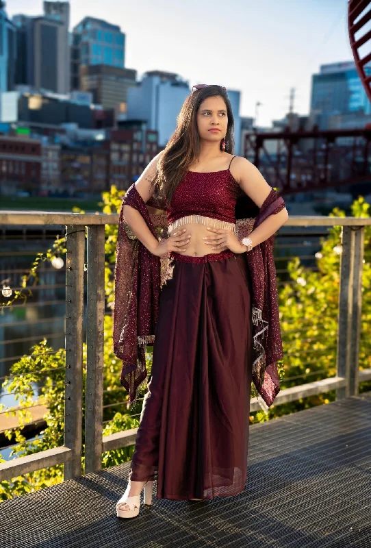 Wine Crop Top with Dhoti & Shrug Welt Pockets Slit Pockets Flap Pockets