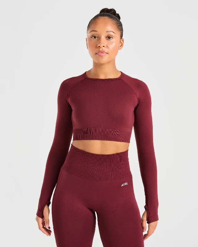 Empower Seamless Long Sleeve Crop Top - Rot Wine Seamless Knitted Crochet
