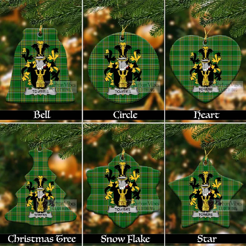 Towers Irish Clan Tartan Christmas Ceramic Ornament with Coat of Arms Jersey Tulle Batik Towers Irish Clan Tartan Christmas Ceramic Ornament with Coat of Arms Jersey Tulle Batik