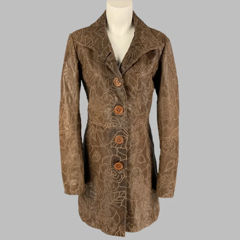 EMPORIO ARMANI Size 8 Brown Embroidered Single Breasted Coat Knit Woven Fleece