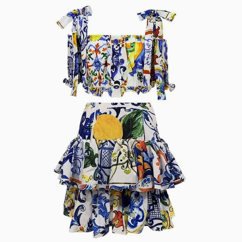 Multicolored Floral Printed Crop Top and Tiered Ruffle Skirt Matching Set Handmade Hand-knitted Hand-woven