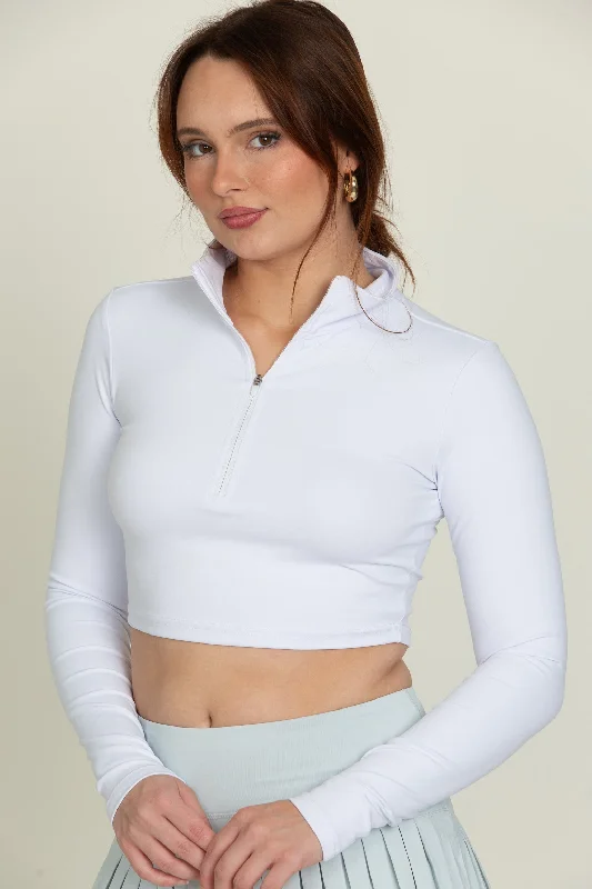White Athletic Half-Zip Crop Top Houndstooth Herringbone Solid