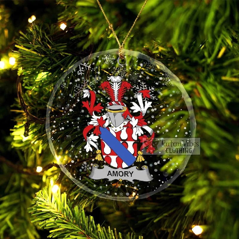 Amory Irish Clan Christmas Glass Ornament with Coat of Arms Vent Hem Cuff