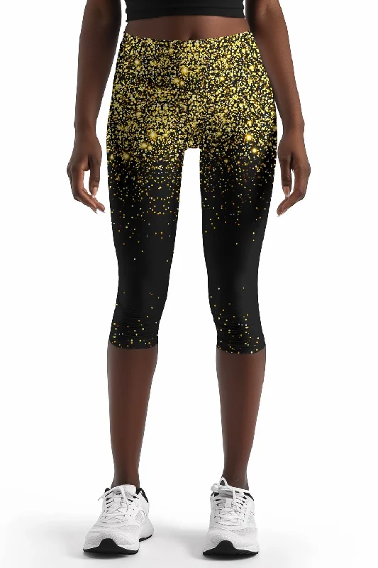 Chichi Ellie Black & Gold Glitter Printed Yoga Capri Leggings - Women Cozy Mid-Rise Workout Leggings Chichi Ellie Black & Gold Glitter Printed Yoga Capri Leggings - Women Cozy Mid-Rise Workout Leggings