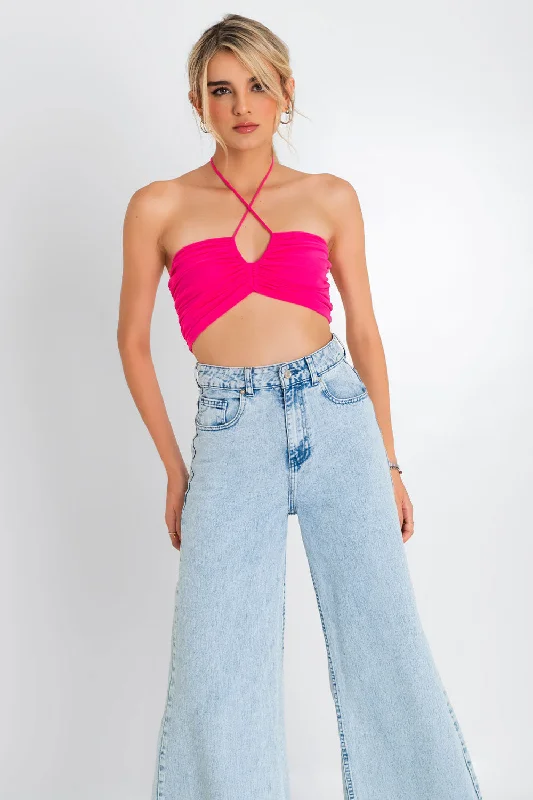 Crop top de plisado frontal halter cruzado Iron Safe Non-Iron Wrinkle Free