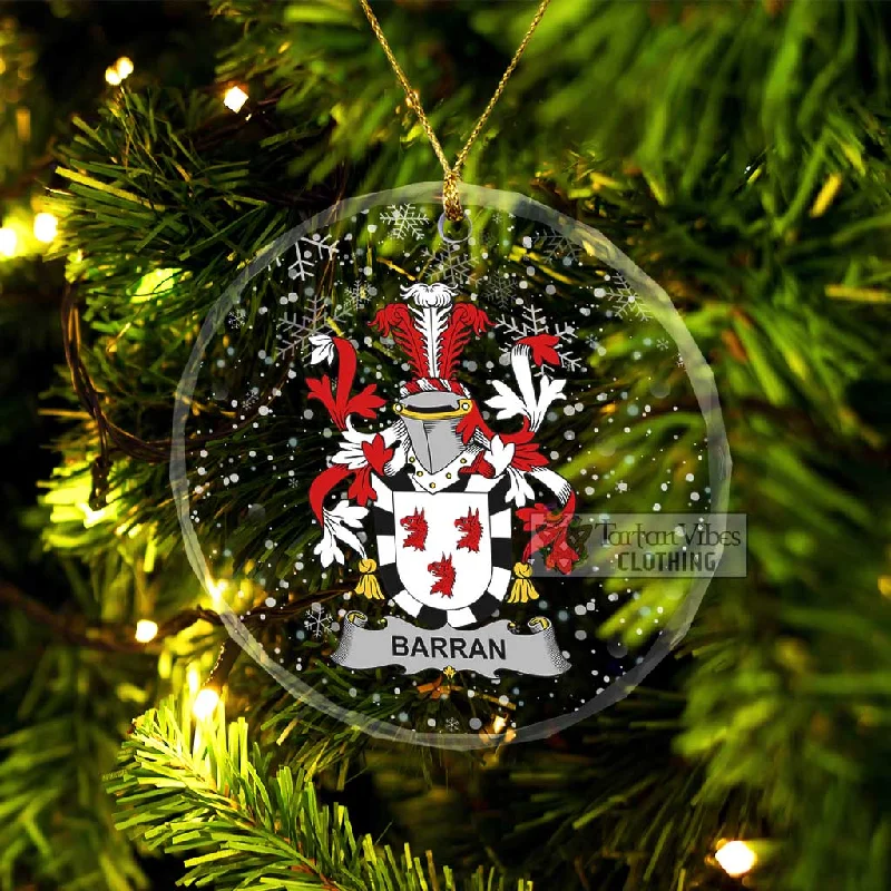 Barran Irish Clan Christmas Glass Ornament with Coat of Arms Sequined Lace Ribbed