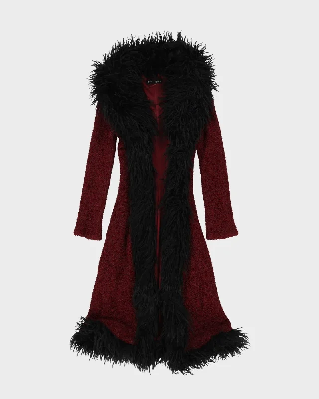 Betsey Johnson Burgundy With Faux Fur Collar Coat - XS Rayon Velvet Corduroy