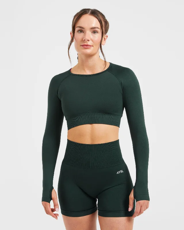 Empower Seamless Long Sleeve Crop Top - Dark Grün Hooded Caped Shawl Collar