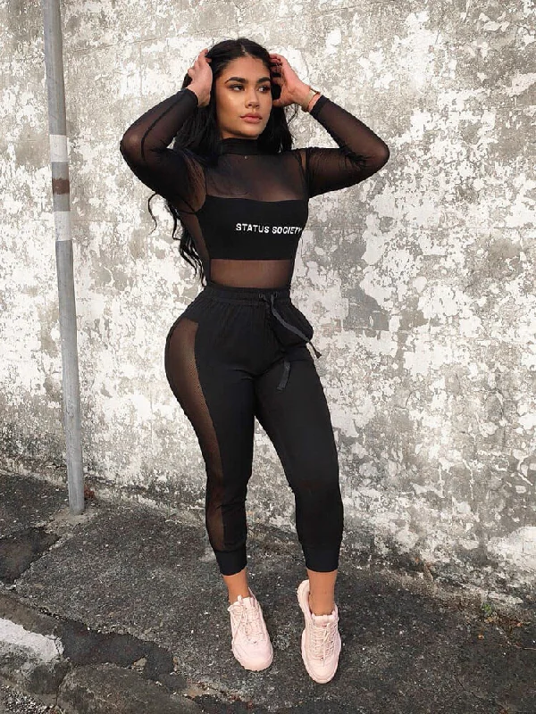 2 Piece Outfits Mesh Crop Top+Pants Suits Rayon Velvet Corduroy