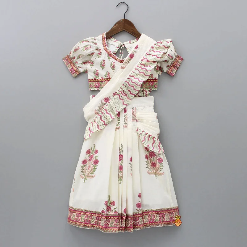 Pre Order: Floral Printed Crop Top and Saree Styled Lehenga With Attached Dupatta Embroidered Appliqued Beaded Pre Order: Floral Printed Crop Top and Saree Styled Lehenga With Attached Dupatta Embroidered Appliqued Beaded