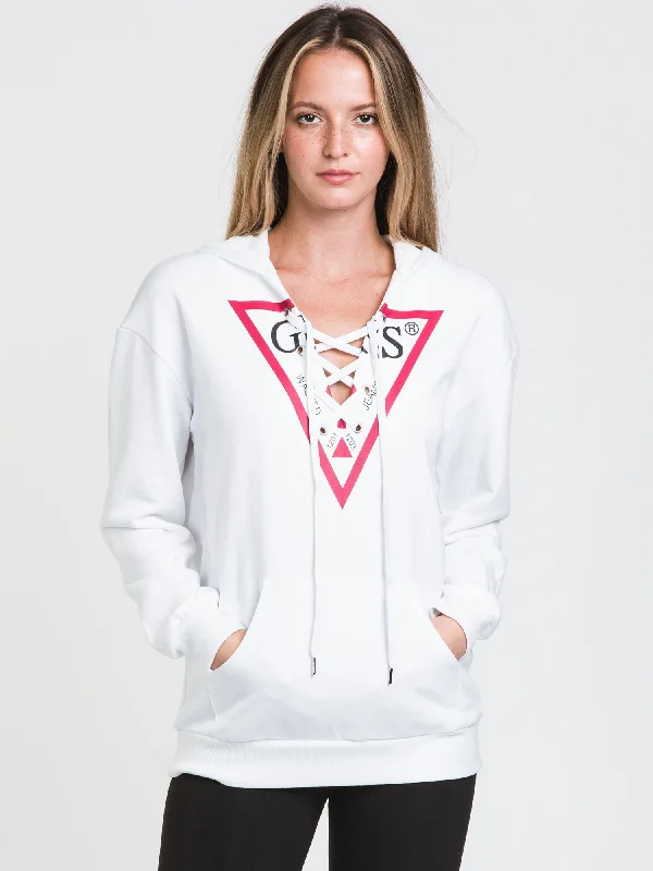 GUESS TRIANGLE LOGO FRONT LACE PULLOVER HOODIE - CLEARANCE Hoodie Jacket Zipper Layering GUESS TRIANGLE LOGO FRONT LACE PULLOVER HOODIE - CLEARANCE Hoodie Jacket Zipper Layering