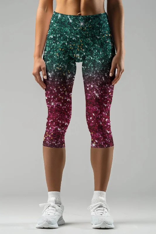 Glitzy Tinsel Ellie Green Glitter Printed Yoga Capri Leggings - Women Cozy Workout Performance Leggings Glitzy Tinsel Ellie Green Glitter Printed Yoga Capri Leggings - Women Cozy Workout Performance Leggings