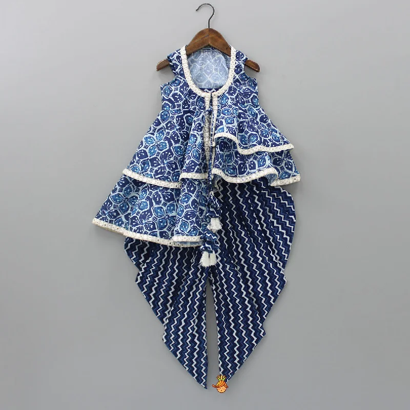 Pre Order: Printed Blue Crop Top With High Low Jacket And Dhoti Anti-Pilling Machine Wash Handmade