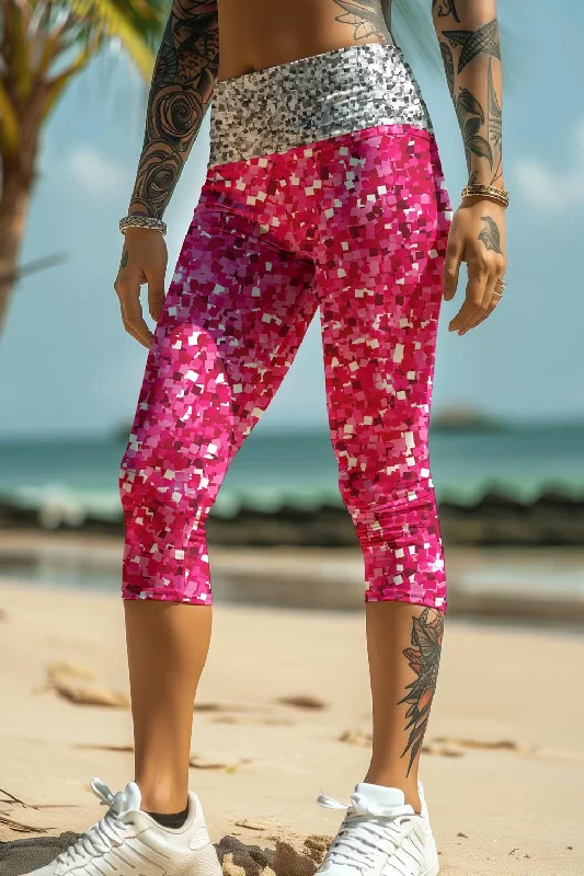 Glam Doll Ellie Pink Glitter Performance Yoga Capri Leggings - Women Comfortable Wide-Band Leggings Glam Doll Ellie Pink Glitter Performance Yoga Capri Leggings - Women Comfortable Wide-Band Leggings