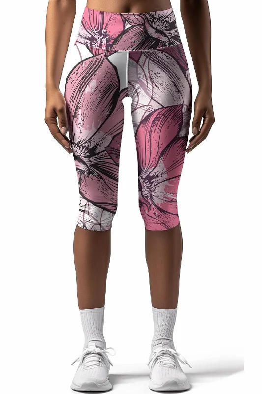 Fantasia Ellie Pink Floral Print Yoga Capri Leggings - Women Chic Workout Leggings