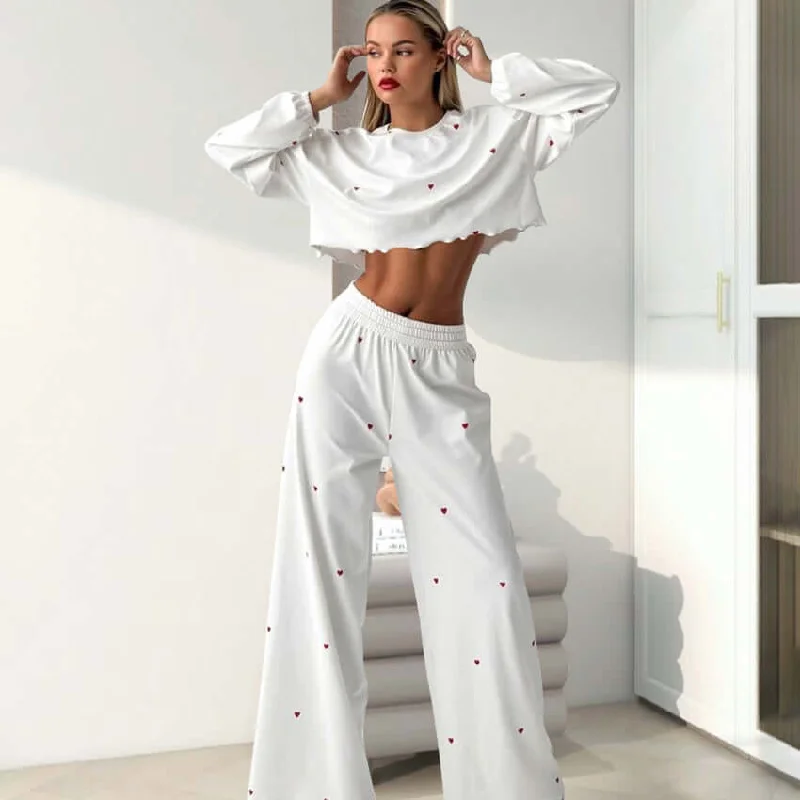 Long-sleeved Two-piece Crop Top Pajama Houndstooth Herringbone Solid