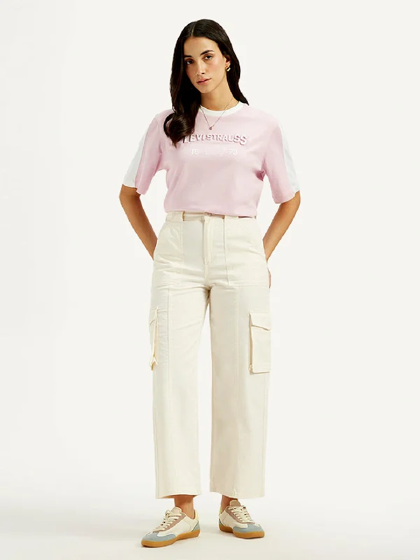 Women's High Rise Off-White Wide Leg Cargo Trousers Skinny Trousers Denim Stretchy