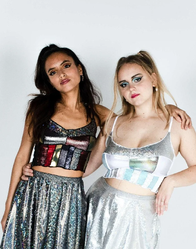 ZERO WASTE Patchwork Corsage Crop Top Collared Crop Top Boat Neck A-Line