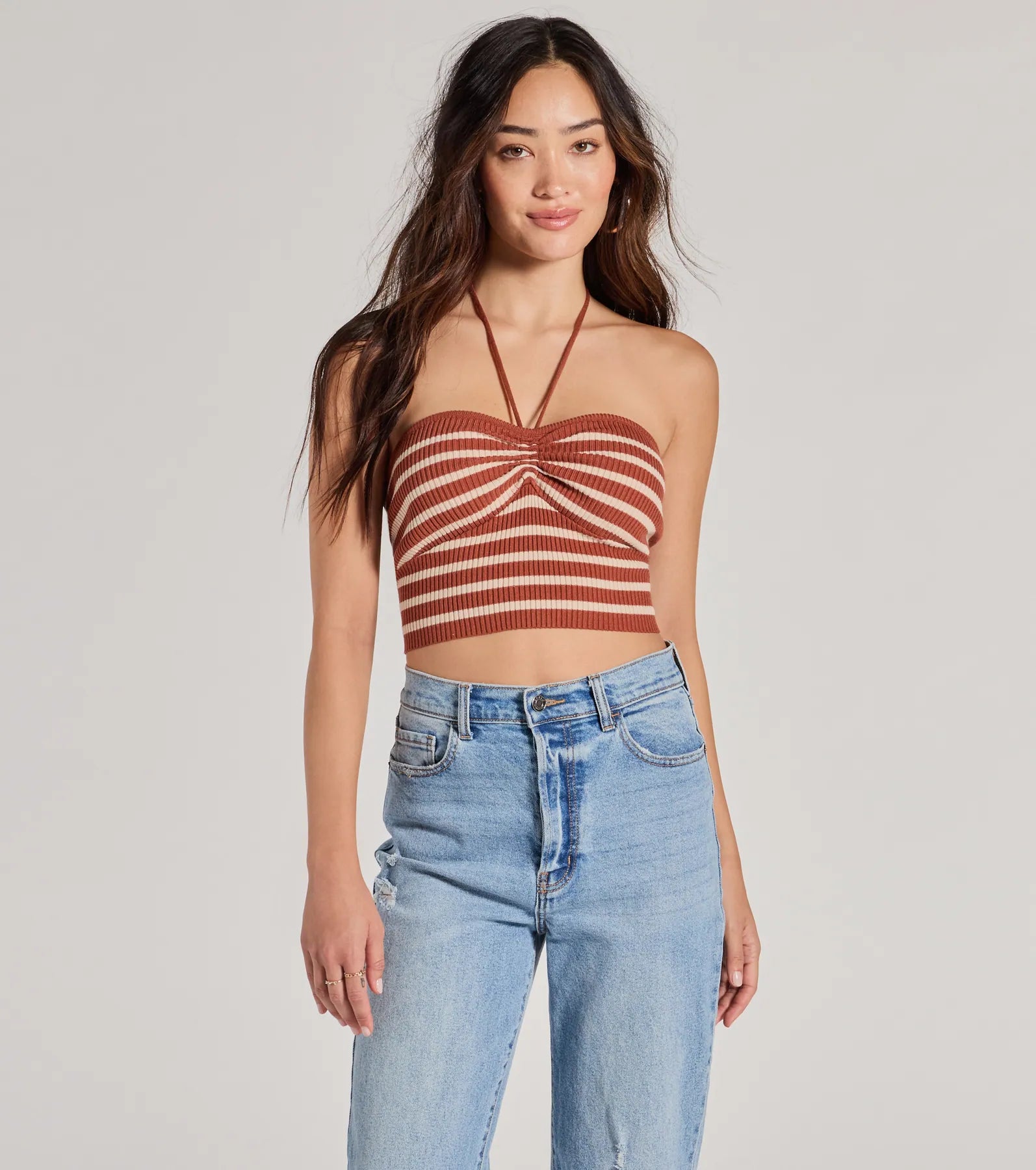 Trendy In Stripes Halter Rib Knit Crop Top Cashmere Blend Cotton Blend Poly Blend