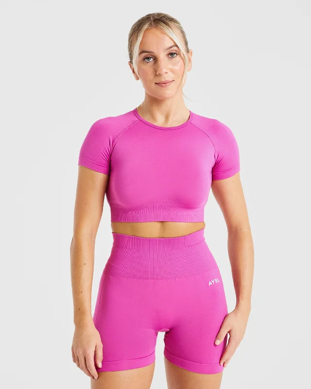 Empower Seamless Crop Top - Magenta Sequined Glittery Shiny
