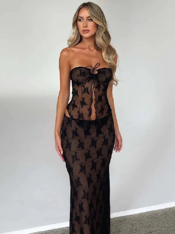 ASHORE SHOP Lace Print Sexy Dress Set Crop Top And Long Skirt Matching Sets Collared Crew Neck Turtle Neck ASHORE SHOP Lace Print Sexy Dress Set Crop Top And Long Skirt Matching Sets Collared Crew Neck Turtle Neck