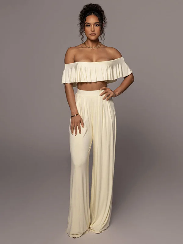 Two Piece Ruffle Crop Top & Long Pants Notch Collar Peter Pan Collar Cowl Neck