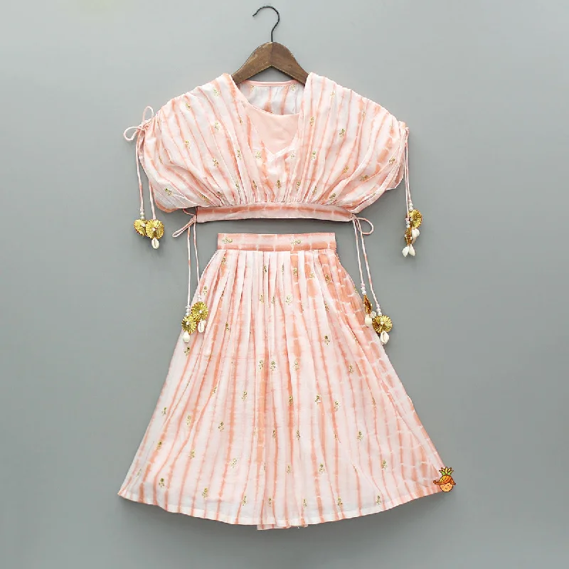 Pre Order: Peach Printed Embroidered Stylish Cape With Strappy Crop Top And Lehenga Cashmere Blend Cotton Blend Poly Blend Pre Order: Peach Printed Embroidered Stylish Cape With Strappy Crop Top And Lehenga Cashmere Blend Cotton Blend Poly Blend