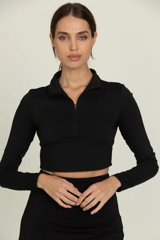 Black Athletic Half-Zip Crop Top Print Jacquard Patchwork