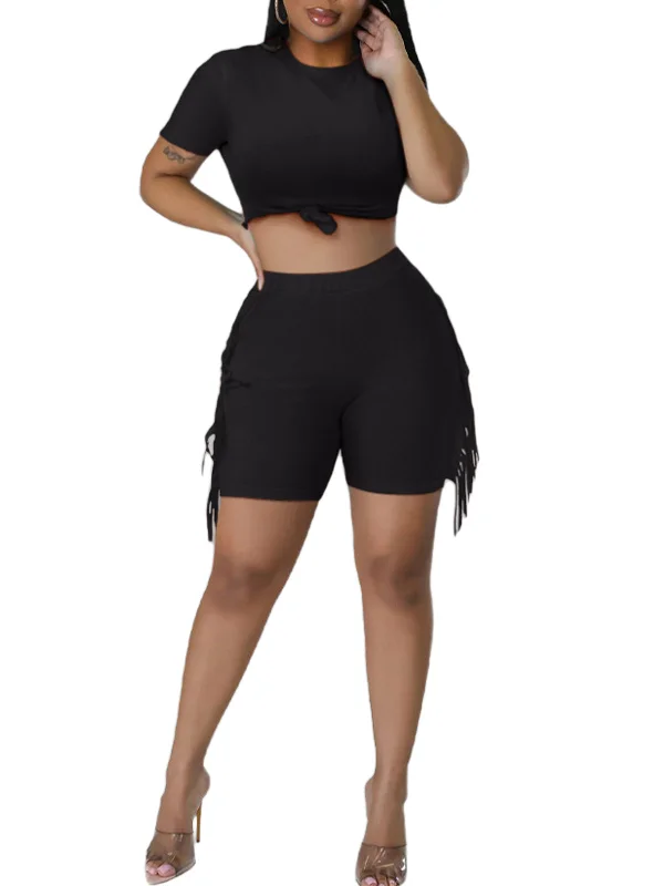 Two Piece Crop Tops & Tassel Shorts Chenille Blend Fleece Blend Nylon Blend